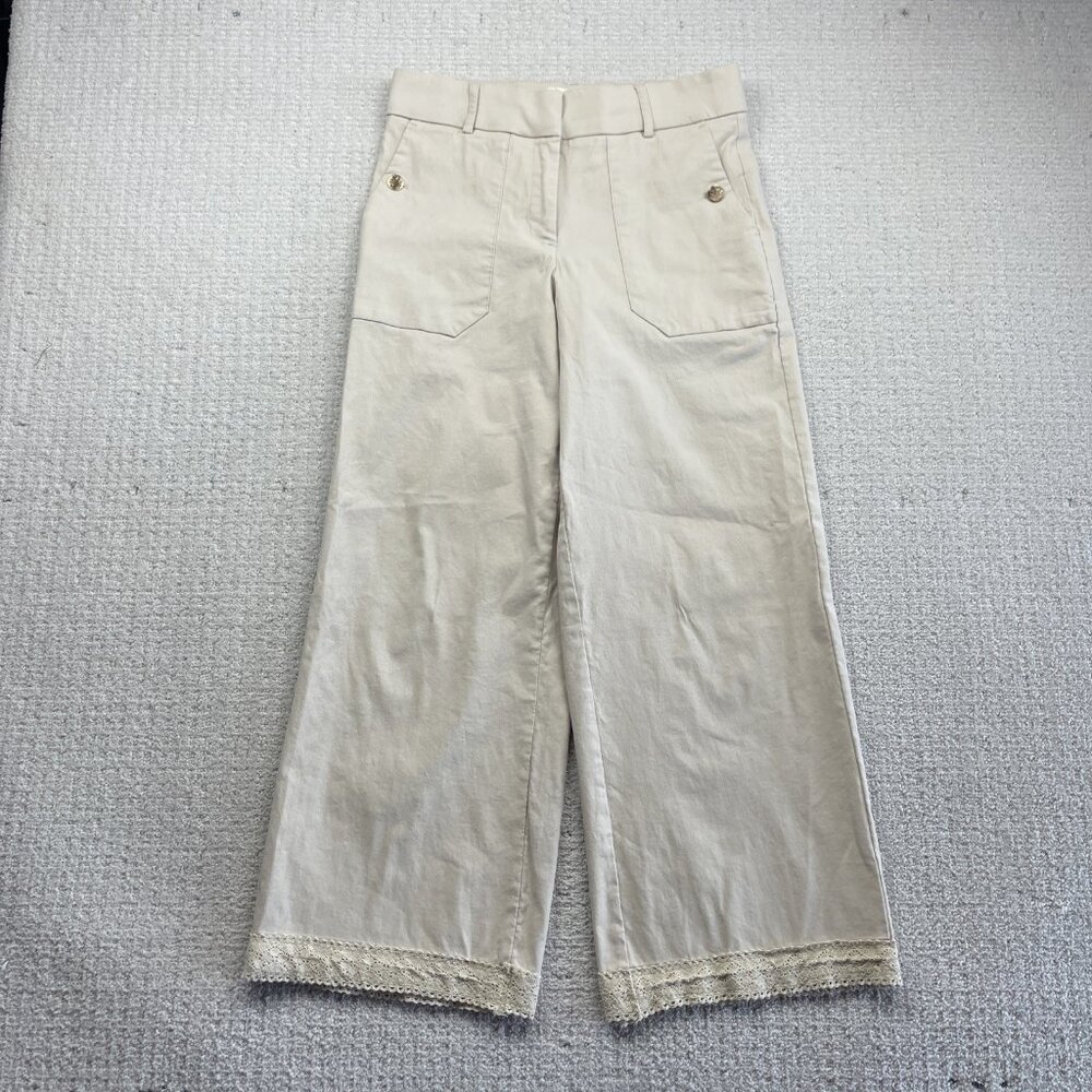 HAVER + BLAIR  Wide-Leg Pants Beige / Off-White Lace trim Hem French Wom Sz M